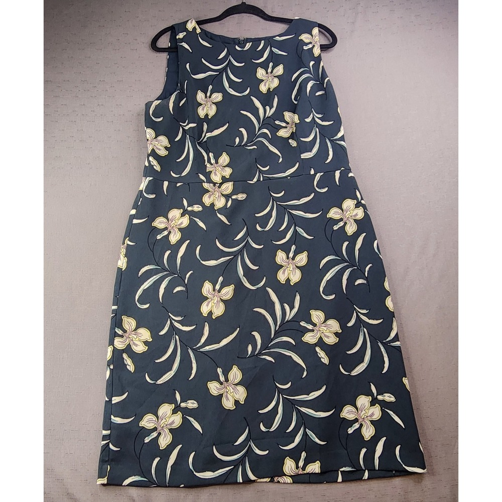 Ann Taylor Factory Floral Orchid Sheath Dress Navy Blue Sleeveless Size 16 Work